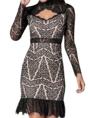 NWT- VENUS - BLACK LACE over a NUDE lining Dress with Black LACE Neckline